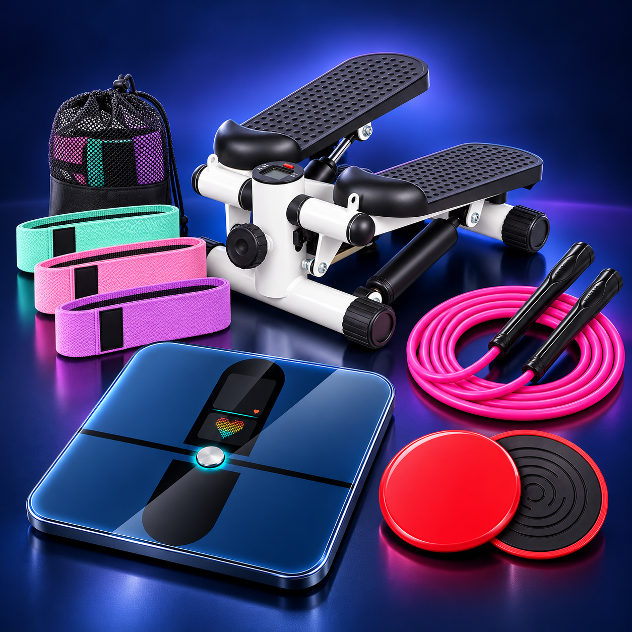 Momentum Starter Set with a smart scale, resistance loops, jump rope, core sliders, and mini stepper
